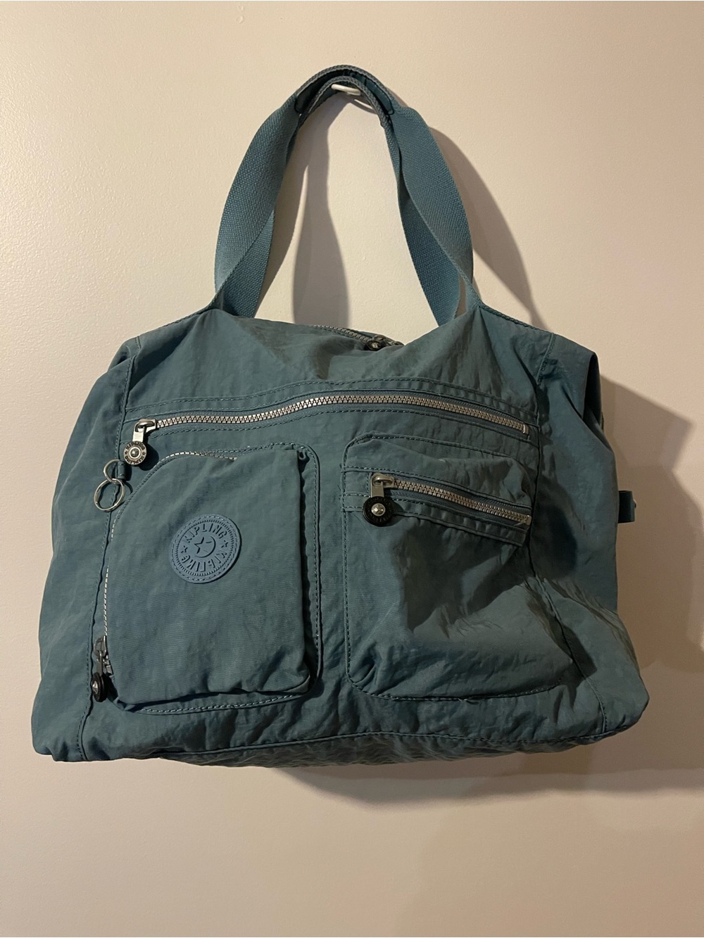 Kipling Dusty Blue Crinkle Nylon Multi Pocket Tote Duffel Bag Satchel OS
